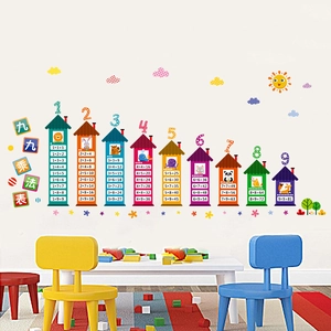 Colorful 9x9 multiplication table wall stickers with house designs for kids' rooms