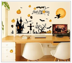 Halloween wall stickers featuring pumpkin, castle and bats for home holiday decoration