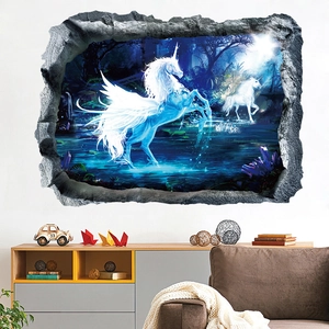 3D magic unicorn wall sticker with dreamy blue forest design for living room decor