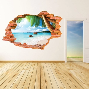 3D beach landscape wall sticker with broken brick effect and coconut palm beach scenery