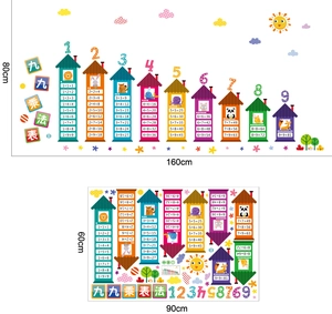 Close-up of colorful house-shaped multiplication table wall stickers with animal motifs