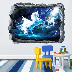 3D magic unicorn wall sticker with forest scene for kids bedroom decor