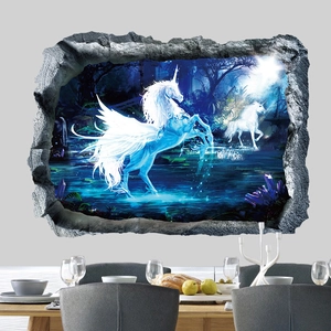 Detailed 3D broken wall decal featuring a glowing unicorn in a magic forest scene