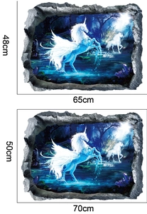 Detail showing two sizes of 3D magic unicorn wall decals: 48x65cm and 50x70cm dimensions