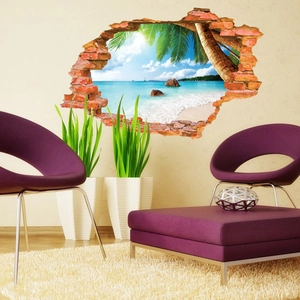 3D beach landscape wall sticker with tropical palm trees through a broken brick wall