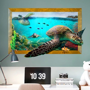 3D ocean sea turtle wall decal with a wooden frame effect for living room decoration