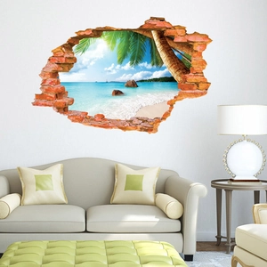 3D beach wall sticker with broken red brick wall effect for modern living room decor