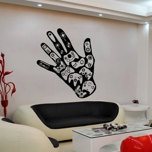 Abstract hand-shaped wall sticker with creative retro game controller icons for bedroom decor