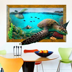 Detail of 3D ocean wall sticker with sea turtles and coral reef on a dining room wall