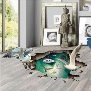 3D ocean floor sticker with seagulls and sailing boat for creative home decor