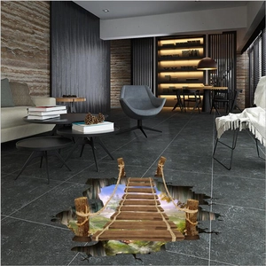 3D wooden suspension bridge floor sticker with forest abyss view for living room decor