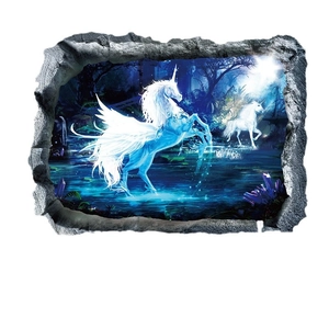 3D magic unicorn wall sticker with mystical blue forest and cracked stone wall effect
