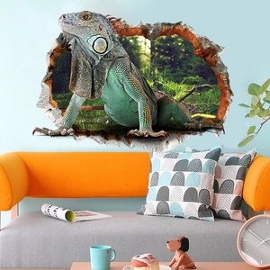 3D realistic green lizard wall sticker creating a 3D effect in a modern living room decor