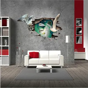 3D ocean sea view wall decal with seagulls and sailboat for bedroom decoration