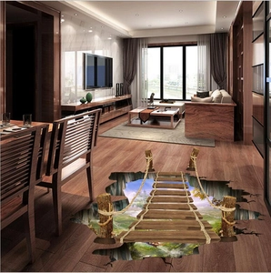 3D visual wooden suspension bridge floor sticker for living room interior decoration