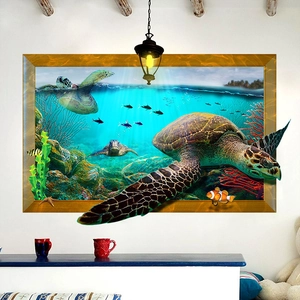 3D ocean world wall sticker with lifelike sea turtle and coral reef for home decor