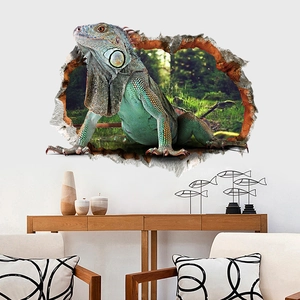 3D lizard wall sticker showing a green iguana emerging through a cracked wall effect