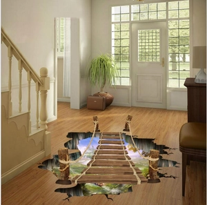 Creative 3D suspension wooden bridge floor sticker for living room with forest valley design