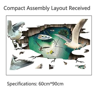 3D realistic seagull wall stickers with ocean sailing ship and broken wall effect in 60x90cm size