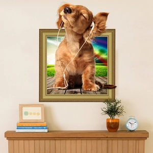 3D Creative Dog Wearing Headphones Wall Sticker Removable PVC Visual Effect Mural Art For Home Living Room Bedroom Kids Decor