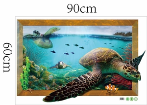 Detail view showing a 90x60cm 3D ocean wall sticker with sea turtle and coral reef design
