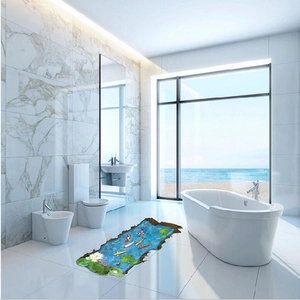 3D koi pond floor sticker with lotus flowers in a modern bathroom interior scene
