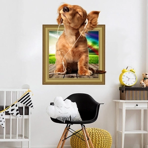 3D effect wall sticker featuring a puppy with headphones leaping out of a golden frame