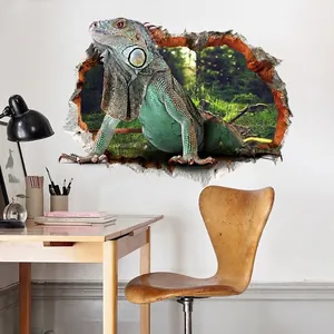 3D realistic green iguana wall sticker creating a creative broken wall effect for home decor