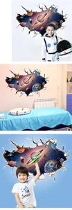 Detailed 3D outer space wall sticker showing realistic planets through a cracked wall effect