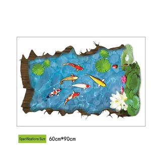 3D koi fish and lotus pond wall sticker with faux wood frame effect 60x90cm size