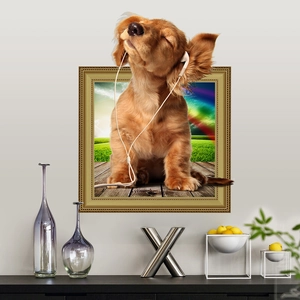 3D wall sticker featuring a golden puppy wearing headphones in a golden embossed frame