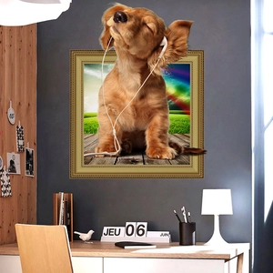 3D wall sticker featuring a golden puppy wearing headphones with a faux golden frame effect