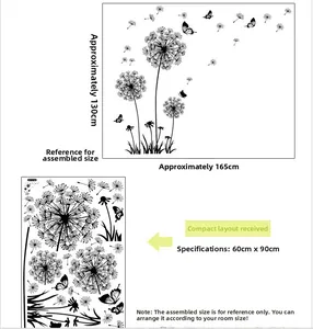 Detailed dimensions of black dandelion wall stickers showing sheet and layout sizes