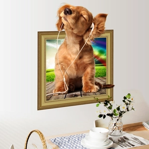 3D realistic wall sticker of a Golden Retriever puppy with headphones in a frame