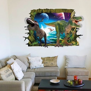 Detail of 3D dinosaur wall sticker with outer space planets and a cracked wall effect
