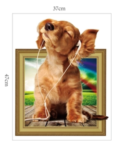 Detailed 3D puppy wall decal with headphone motif, dimensions 37cm x 47cm for home decor
