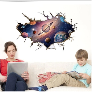 3D Space Galaxy Planet Wall Sticker Broken Wall Effect Removable PVC Decal For Kids Room Bedroom Living Room Home Decor