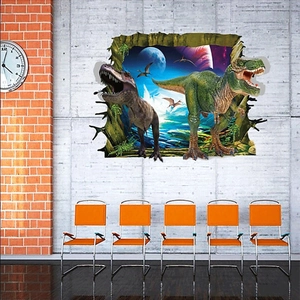 Detailed view of 3D dinosaur wall sticker with T-Rex breaking through a space galaxy wall