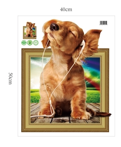 Detailed 3D puppy wearing headphones wall sticker with PVC material specs and dimensions