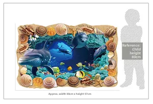 Detailed 3D ocean wall sticker dimensions showing 88x57cm size for kids room decor