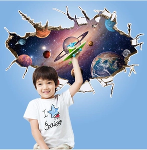 3D outer space galaxy wall sticker with planets and astronaut ship for kids bedroom decor