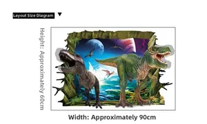Detailed sheet layout of 3D dinosaur wall sticker with dimensions 90cm wide by 60cm high