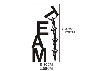 Detailed size specifications for TEAM wall sticker in black PVC with silhouette figures