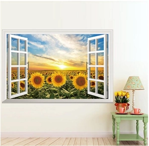 3D fake window wall decal featuring a sunflower field sunset with a white frame
