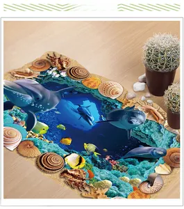 Detailed macro view of a 3D ocean floor wall sticker with colorful dolphins and corals