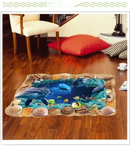 Detail view of 3D underwater cave floor sticker with dolphins and tropical fish corals