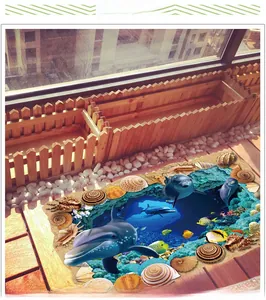 Detailed 3D underwater cave floor sticker with dolphins and tropical fish in high resolution