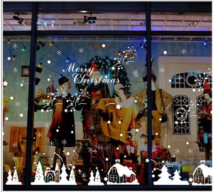 Merry Christmas Snow House White PVC Window Decal Snowflake Stars Wall Sticker For Home Shop Holiday Festive Decoration