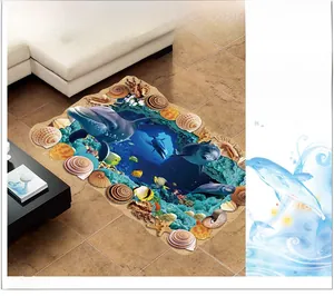 Detail of 3D underwater ocean cave wall sticker with dolphins and coral reef scene