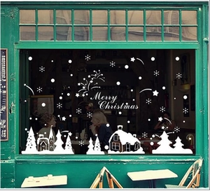 Merry Christmas white snowflake stickers with forest house and star decals for window decor